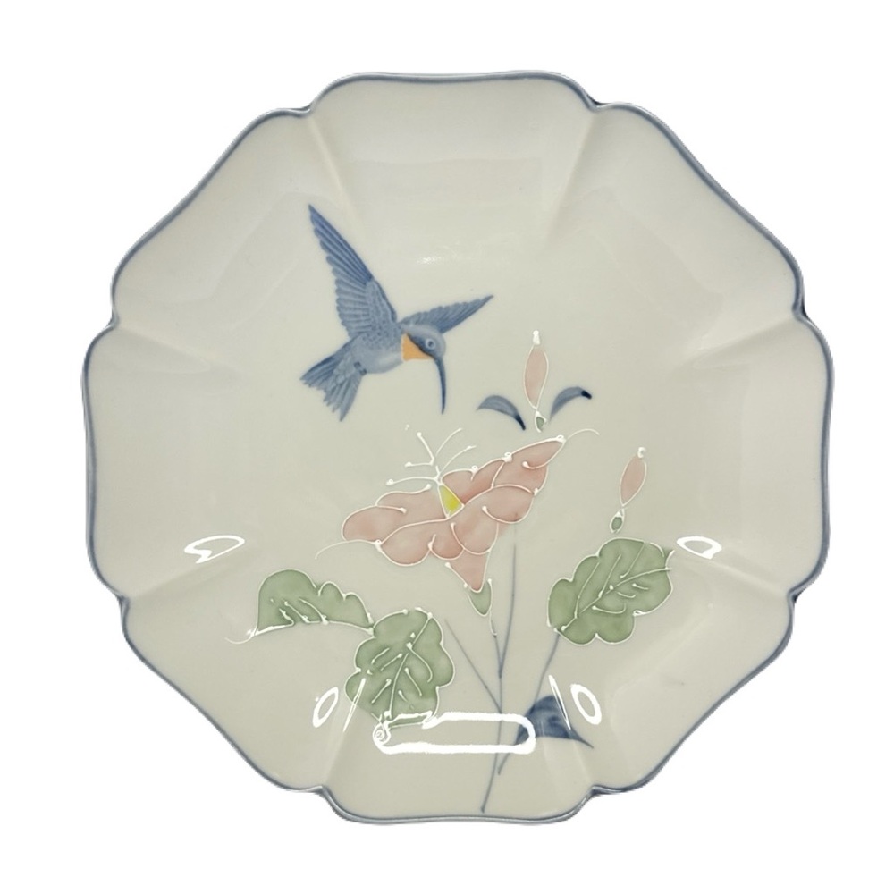 Otagiri Vintage Ceramic Scalloped Plate with Hummingbird Bird and Floral Design